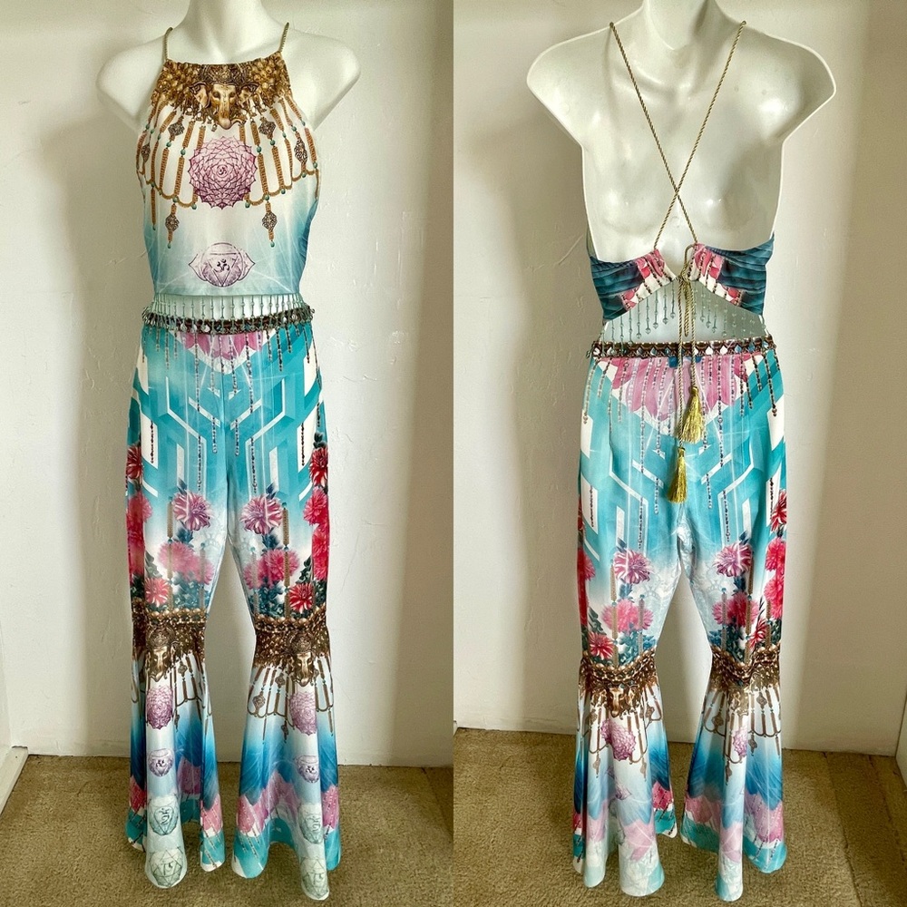 Fabulous NWOT Beaded STATUS Print Halter TOP & PALAZZO PANT SET Size Small